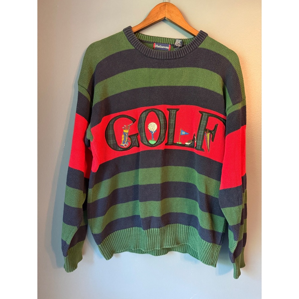 Hathaway Vintage Golf Embroidered Striped Cotton Crewneck Sweater Mens Medium